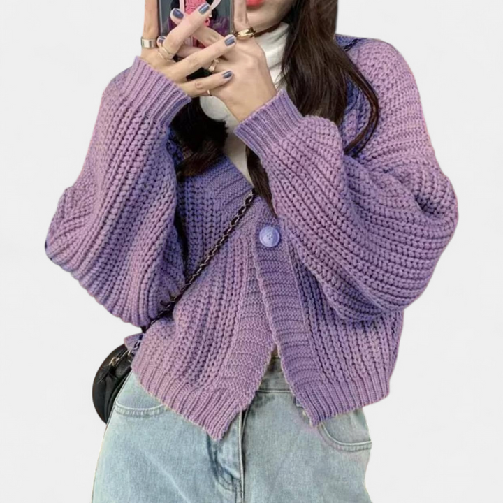Women's Cropped Knit Cardigan, Single Button Relaxed Fit