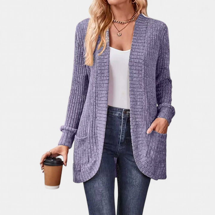 Women's Oversized Long Ribbed Cardigan, Open Front Pockets