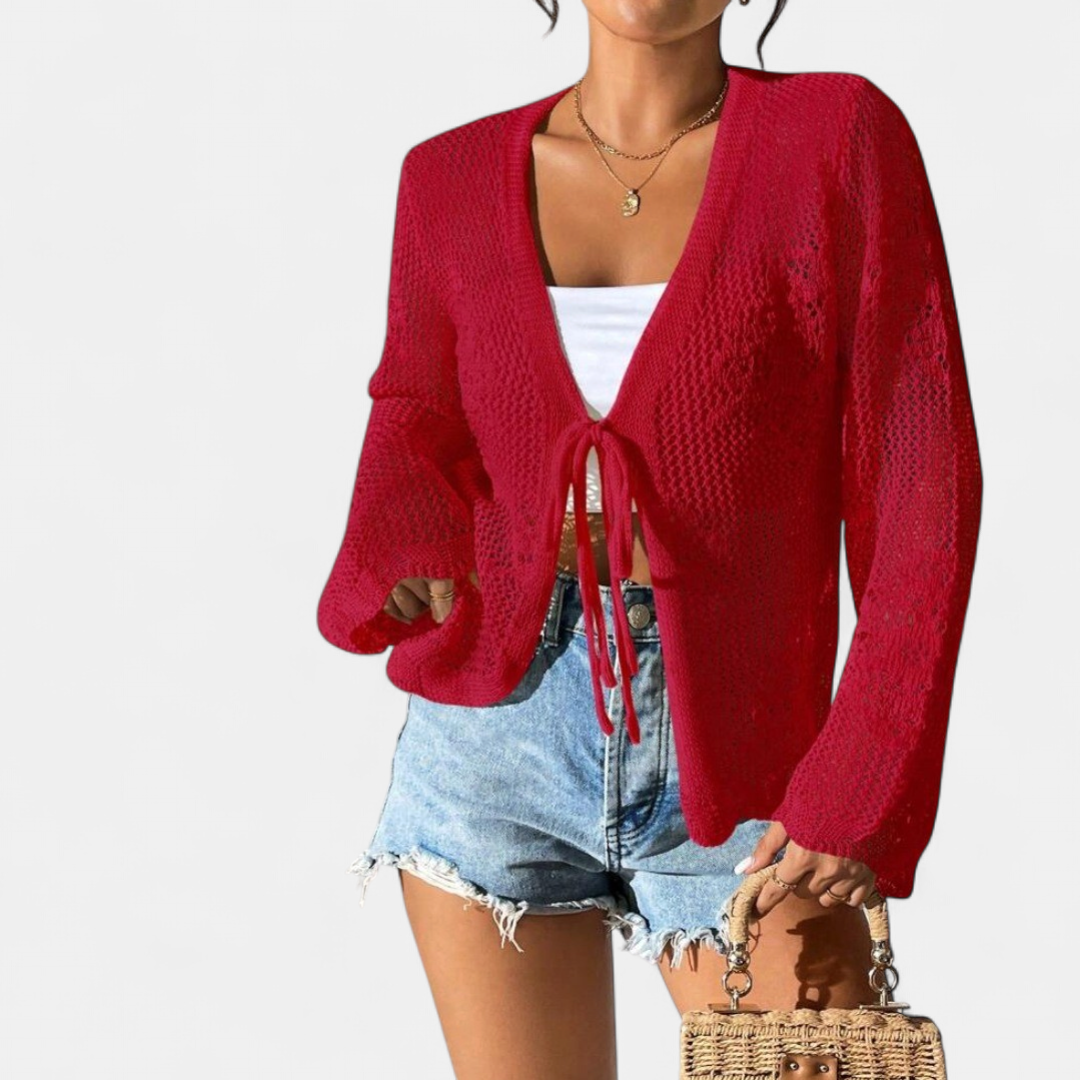 Women's Cropped Crochet Cardigan, Tie Front Lightweight Summer