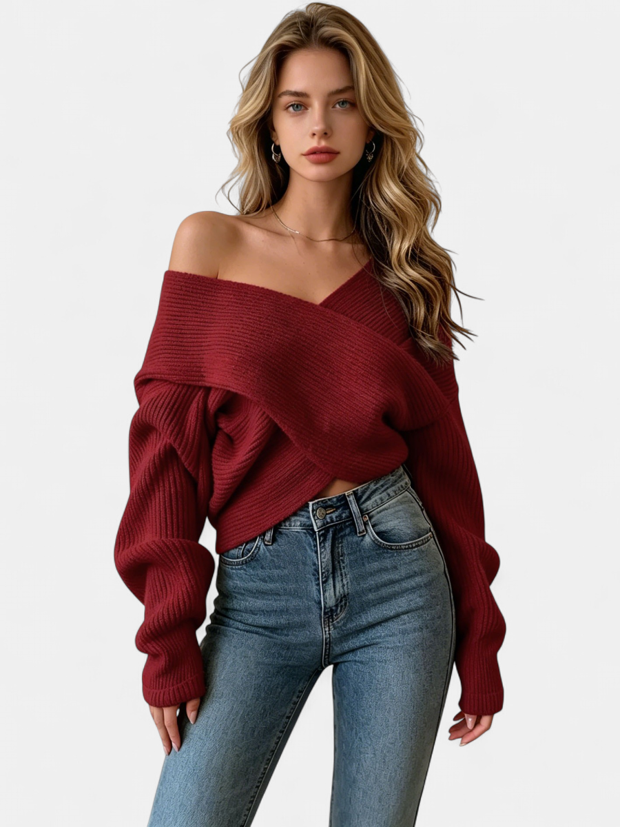 Women's Cropped Oversized Jumper, Off Shoulder Crossover Neck
