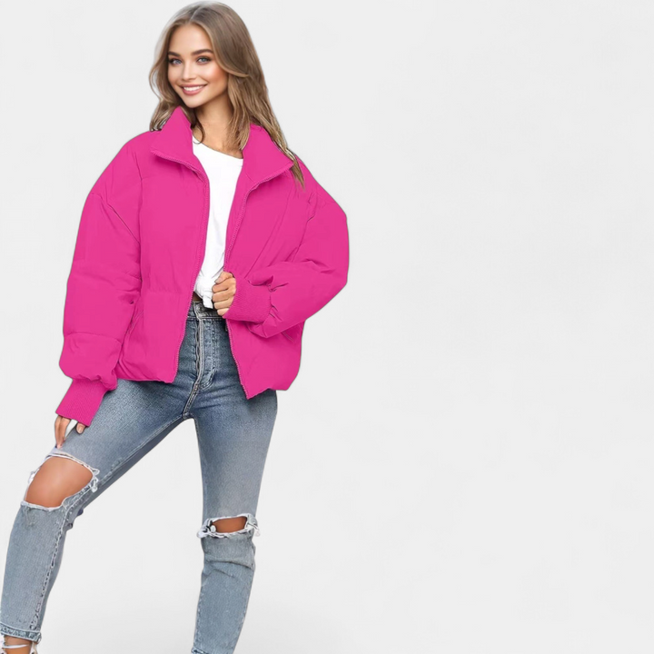 Women's Cropped Oversized Puffer Jacket, Quilted Stand Collar