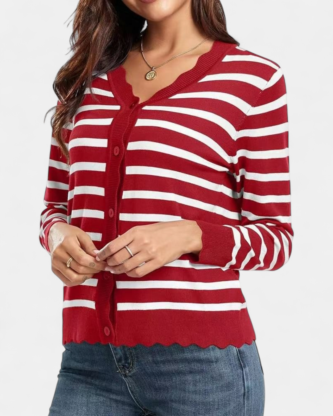Women's Cropped Knit Cardigan, Button Up V Neck Scalloped Trim