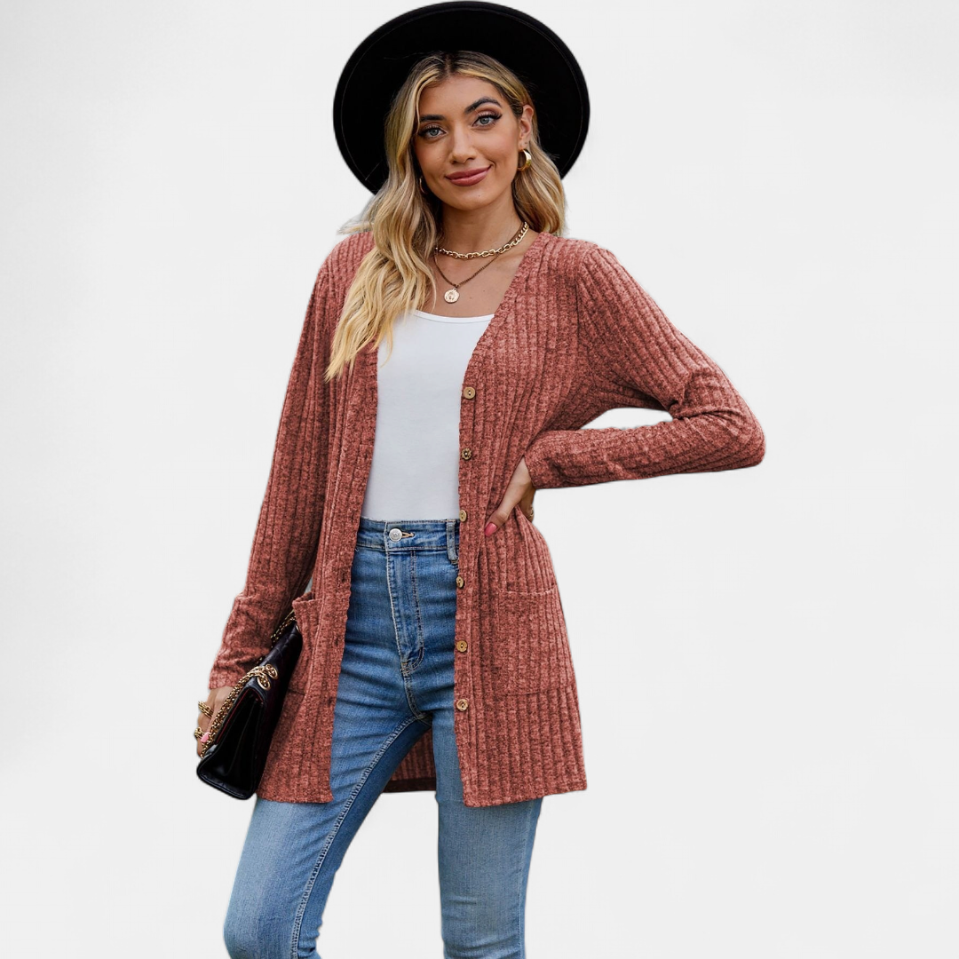 Women's Long Knit Cardigan, Button Up V Neck Pockets