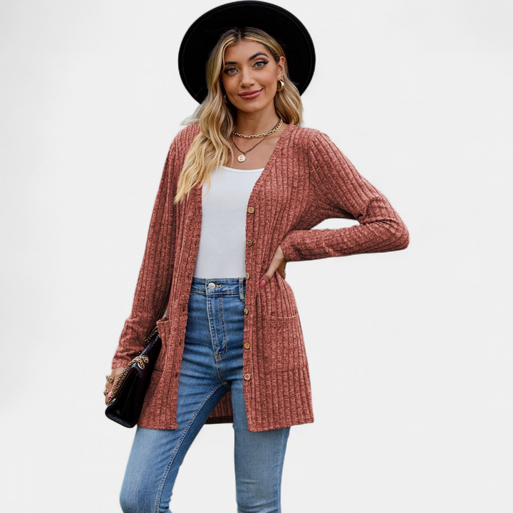Women's Long Knit Cardigan, Button Up V Neck Pockets