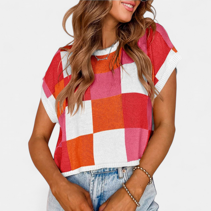 Women's Cropped Knit Cardigan, Checkerboard Cap Sleeve