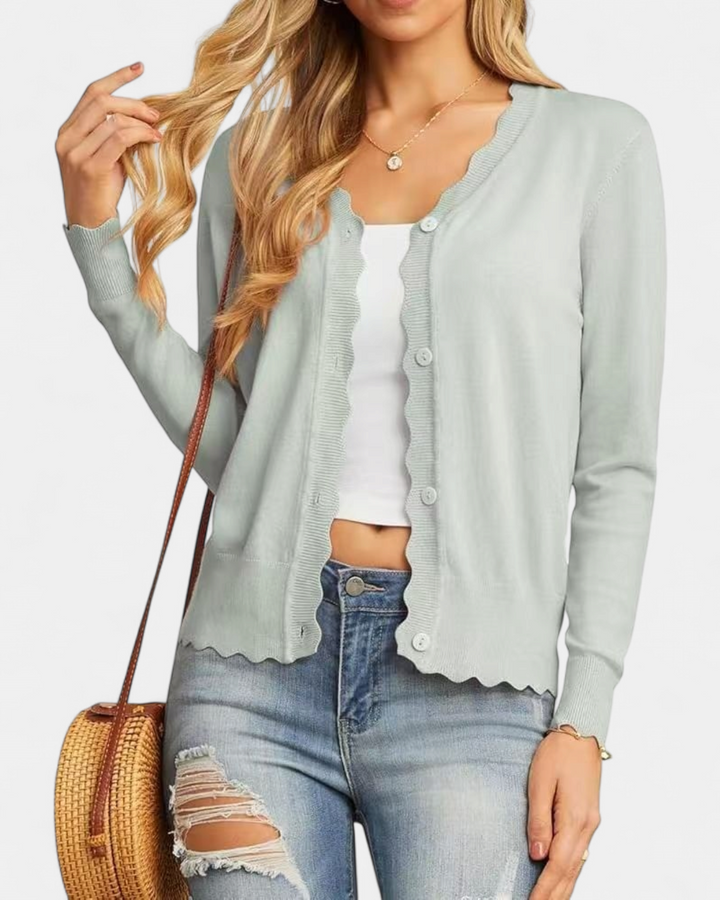 Women's Cropped Knit Cardigan, Button Up V Neck Scalloped Trim