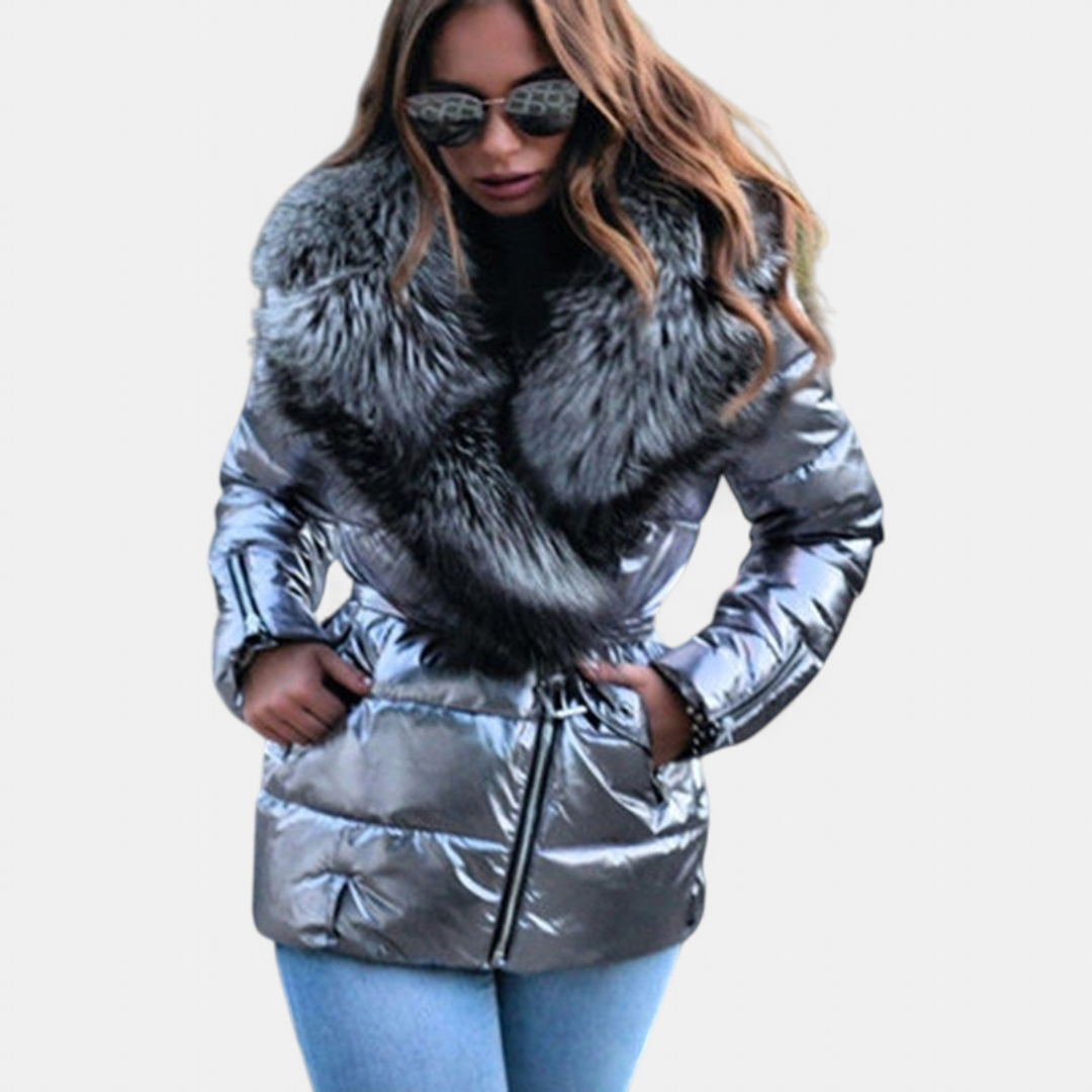 Women's Shiny Quilted Puffer Jacket, Faux Fur Collar Padded