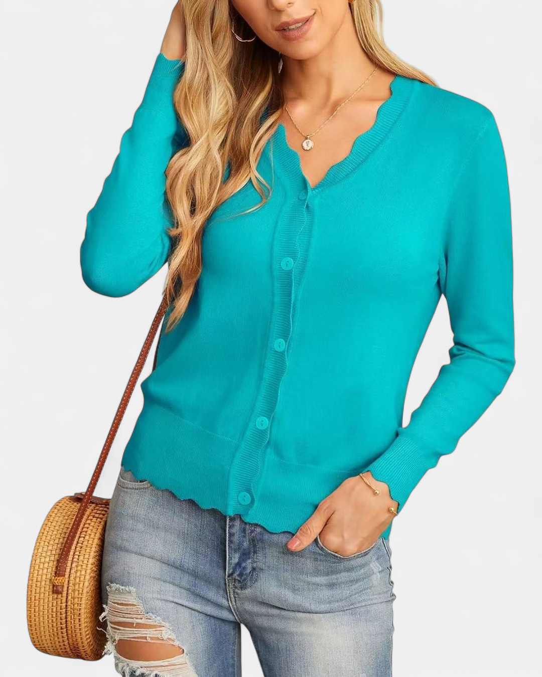 Women's Cropped Knit Cardigan, Button Up V Neck Scalloped Trim