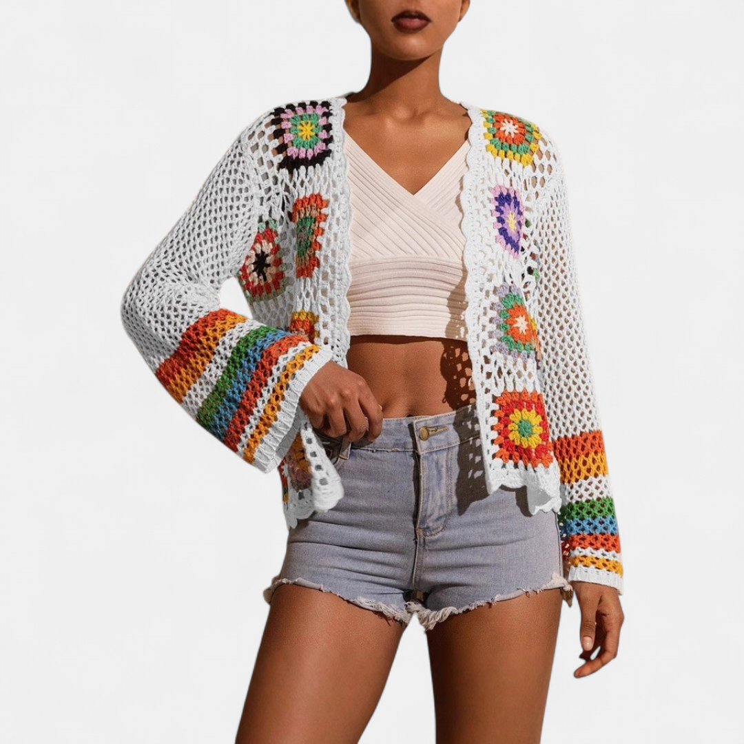 Women's Cropped Crochet Cardigan, Granny Square Open Knit Floral