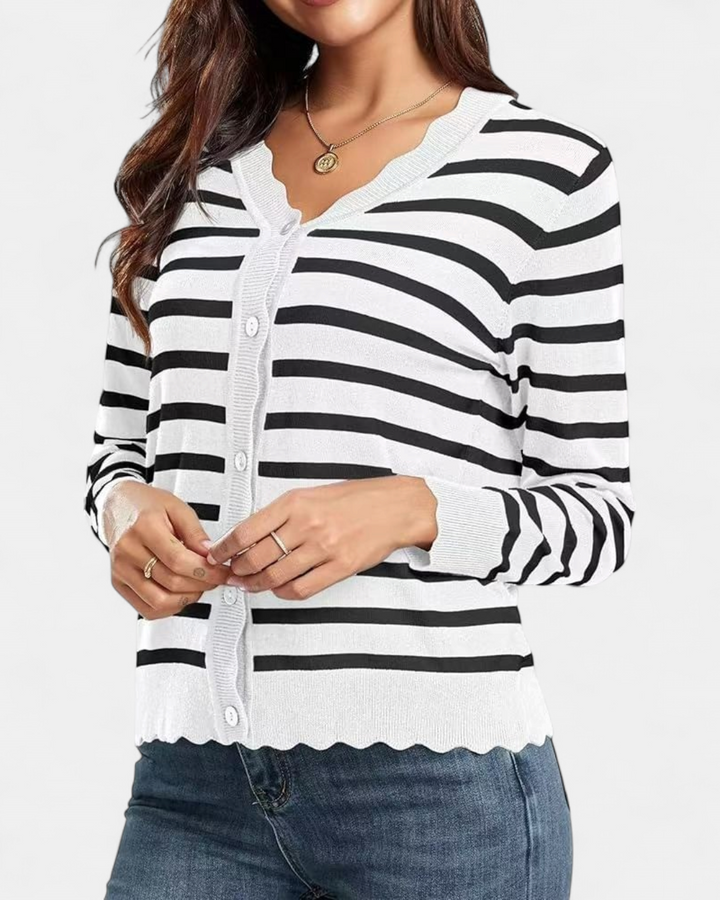 Women's Cropped Knit Cardigan, Button Up V Neck Scalloped Trim