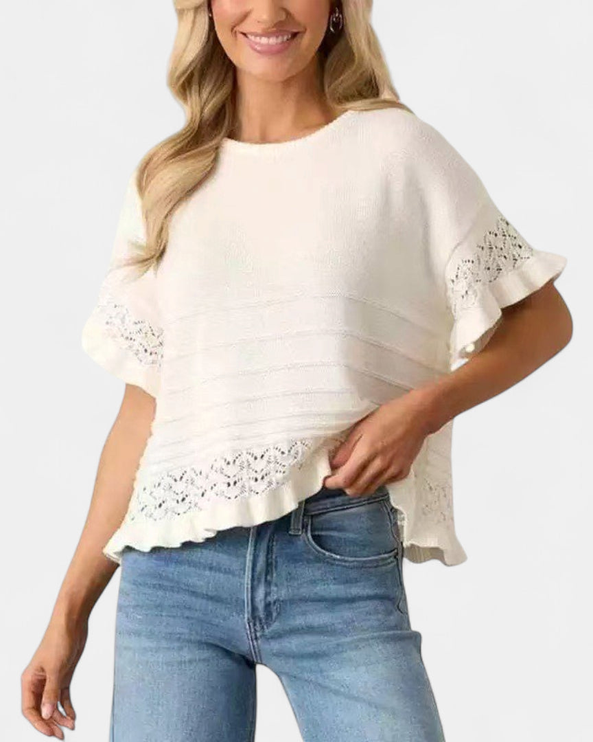 Women's Cropped Knit Jumper, Short Sleeve Pointelle Ruffle