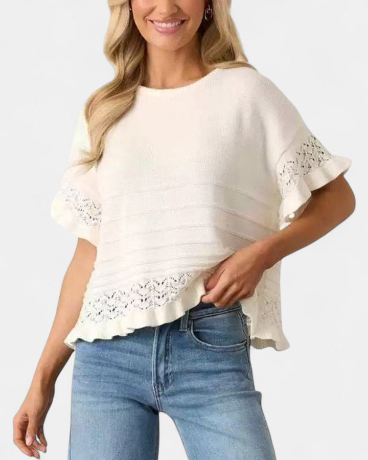 Women's Cropped Knit Jumper, Short Sleeve Pointelle Ruffle