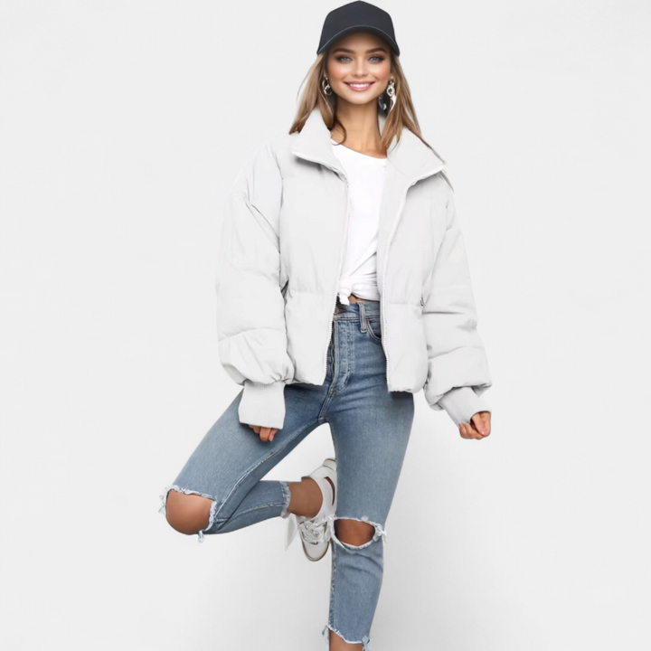 Women's Cropped Oversized Puffer Jacket, Quilted Stand Collar