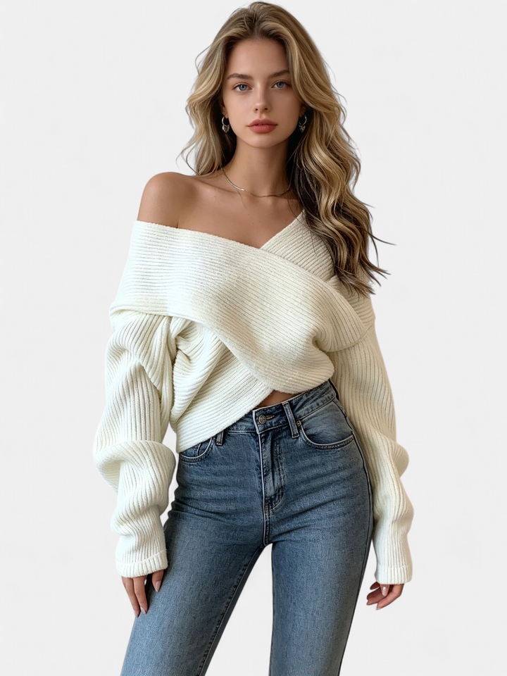 Women's Cropped Oversized Jumper, Off Shoulder Crossover Neck