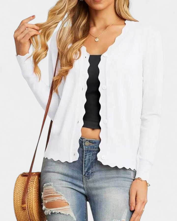 Women's Cropped Knit Cardigan, Button Up V Neck Scalloped Trim