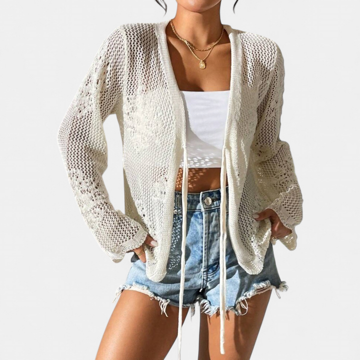 Women's Cropped Crochet Cardigan, Tie Front Lightweight Summer