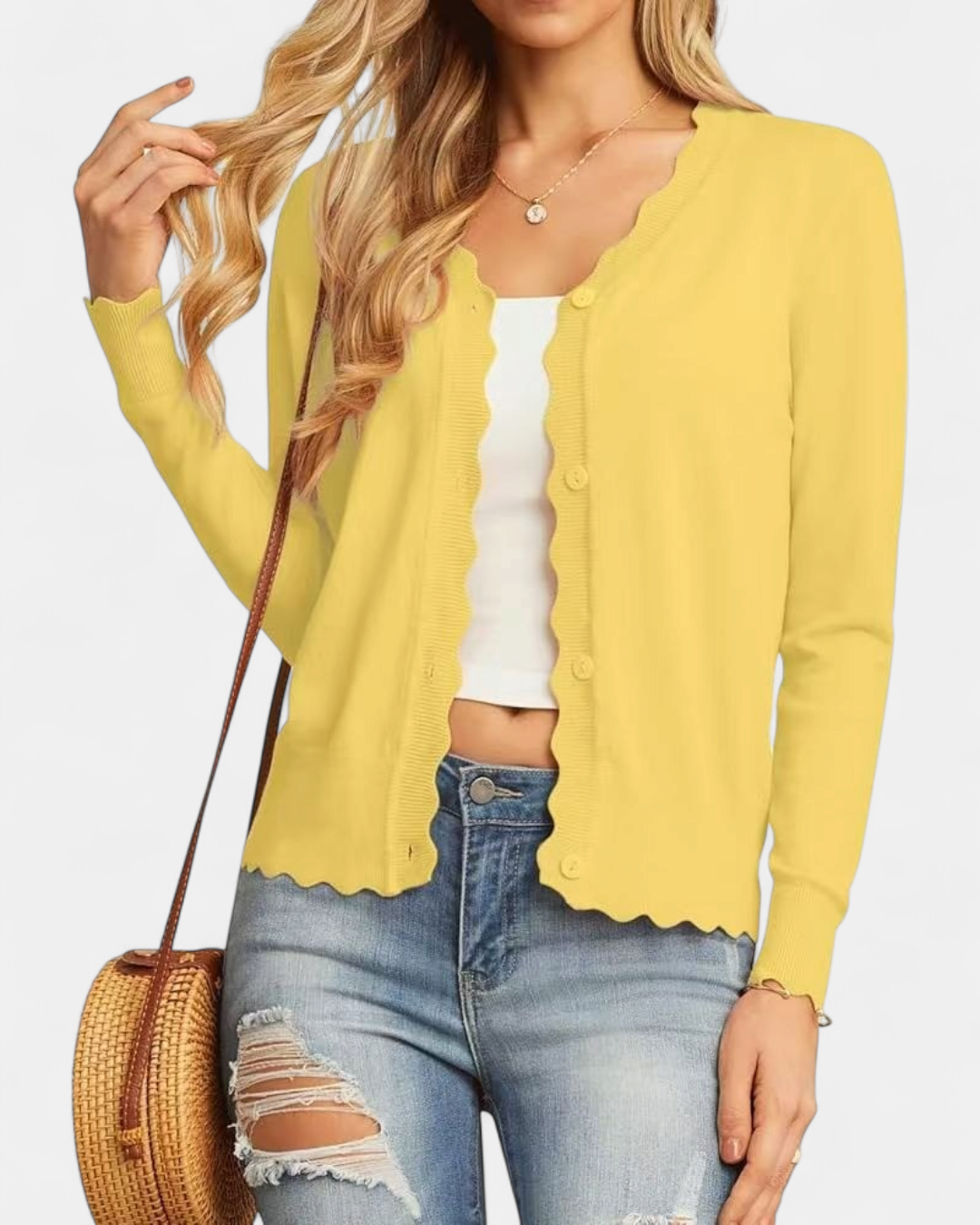 Women's Cropped Knit Cardigan, Button Up V Neck Scalloped Trim