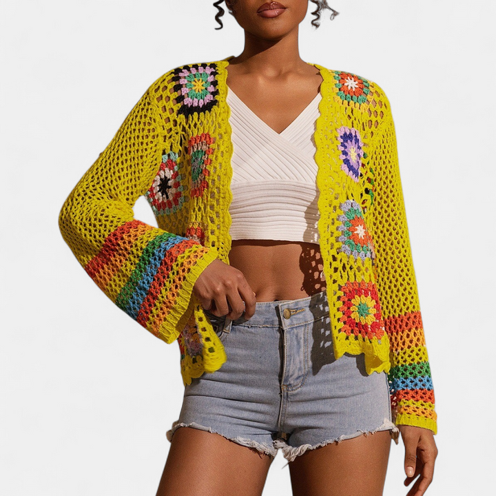Women's Cropped Crochet Cardigan, Granny Square Open Knit Floral