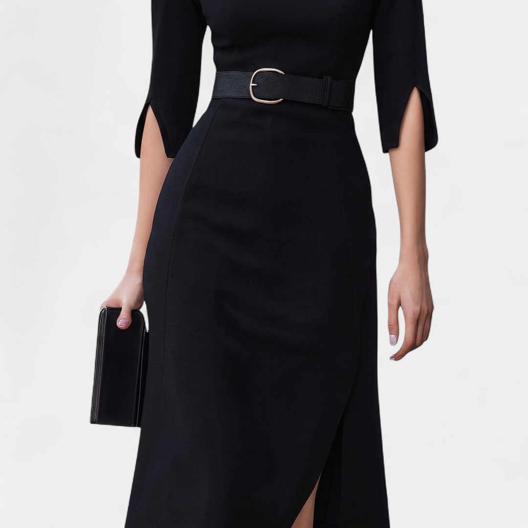 Women's Wrap Black Dress, Structured Belted Mock Neck Half Sleeves