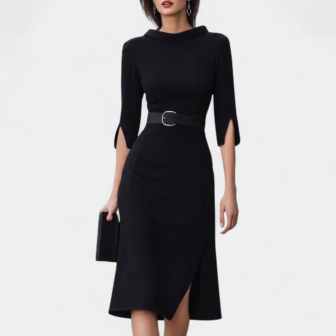 Women's Wrap Black Dress, Structured Belted Mock Neck Half Sleeves