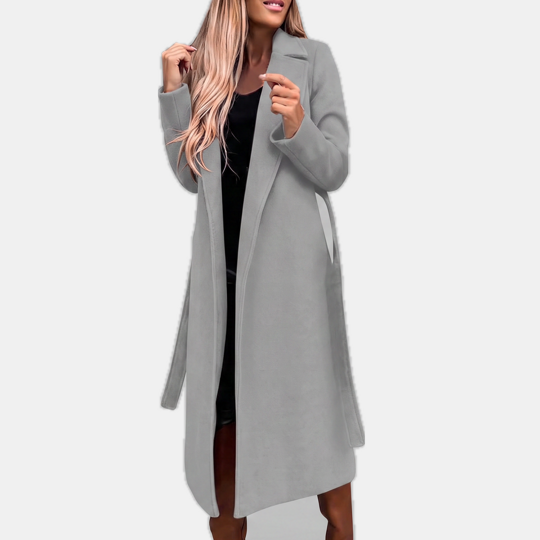 Women's Long Wool Coat, Open Front Knee Length Notched Lapels