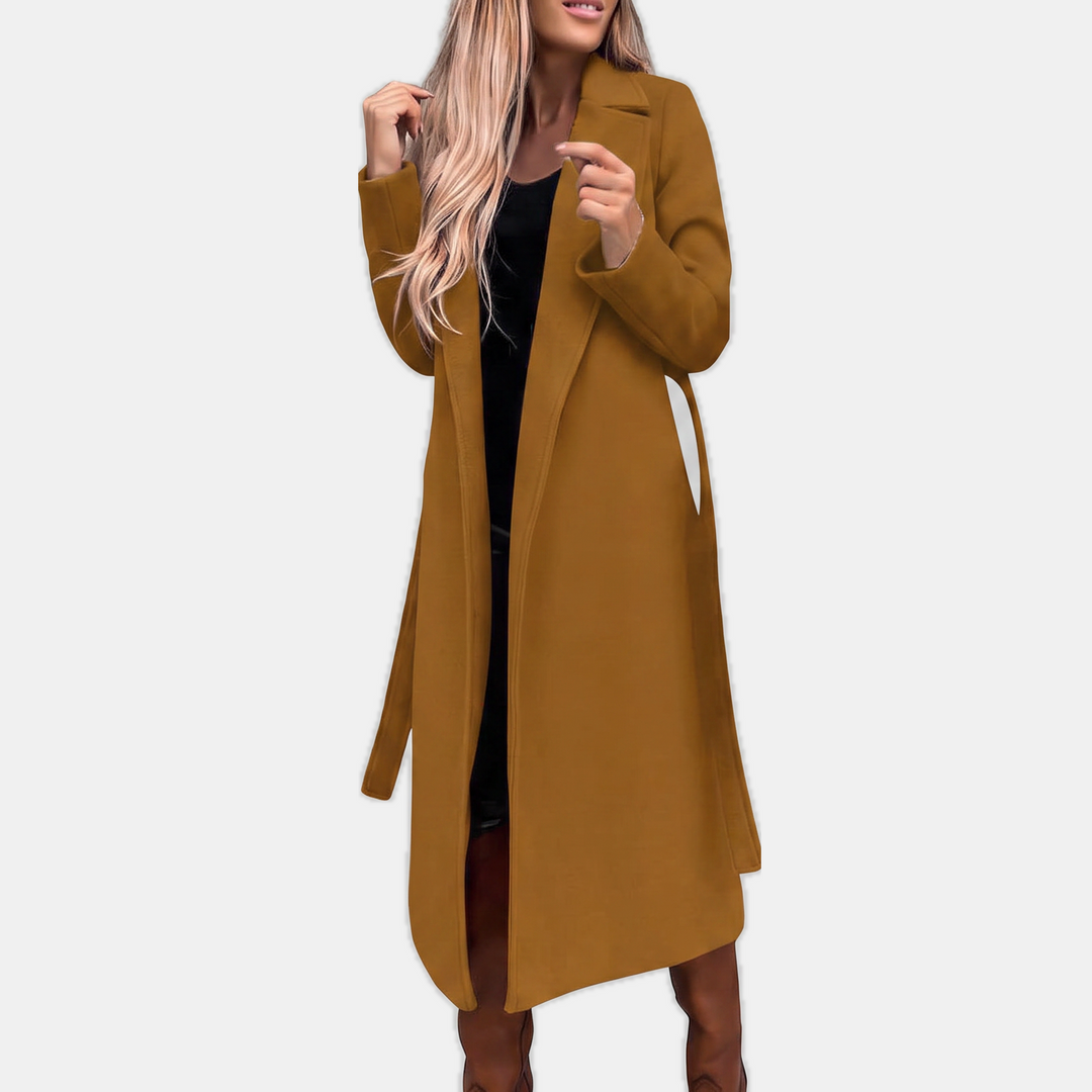 Women's Long Wool Coat, Open Front Knee Length Notched Lapels