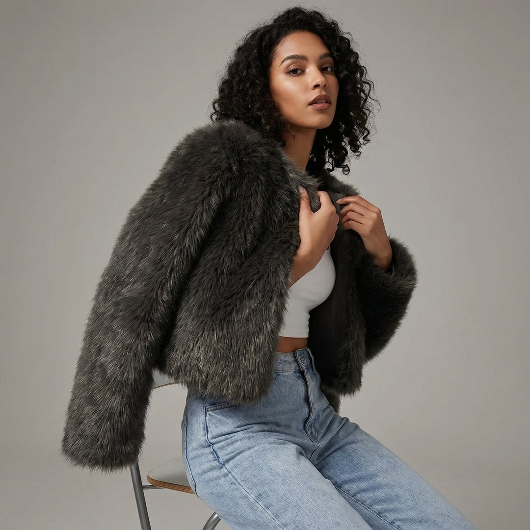 Women's Fluffy Faux Fur Jacket, Cropped Open Front Winter