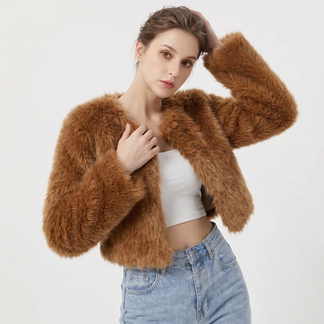 Women's Fluffy Faux Fur Jacket, Cropped Open Front Winter