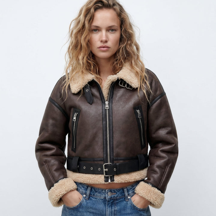 Women's Shearling Bomber Jacket, Faux Leather Aviator Cropped
