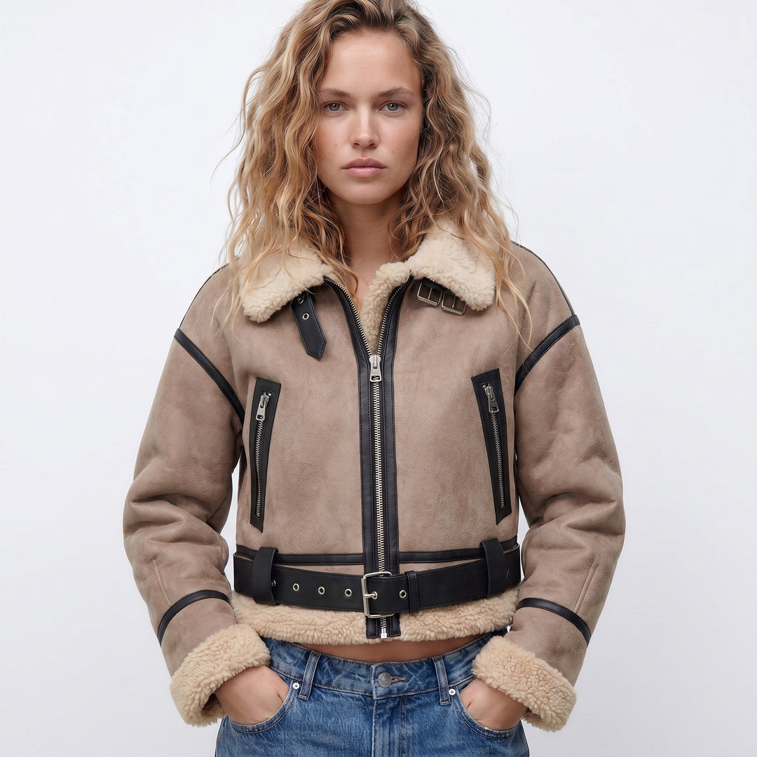 Women's Shearling Bomber Jacket, Faux Leather Aviator Cropped