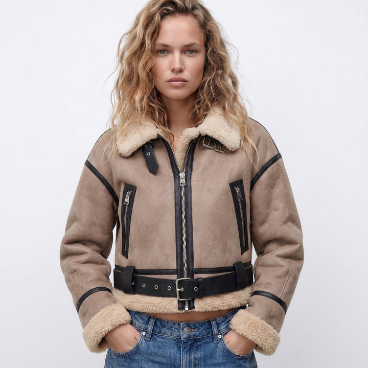 Women's Shearling Bomber Jacket, Faux Leather Aviator Cropped