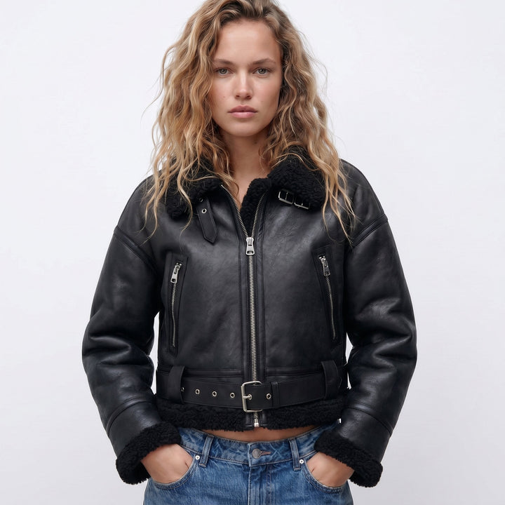 Women's Shearling Bomber Jacket, Faux Leather Aviator Cropped