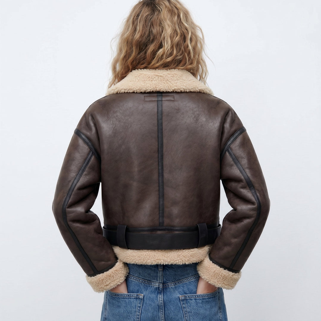 Women's Shearling Bomber Jacket, Faux Leather Aviator Cropped