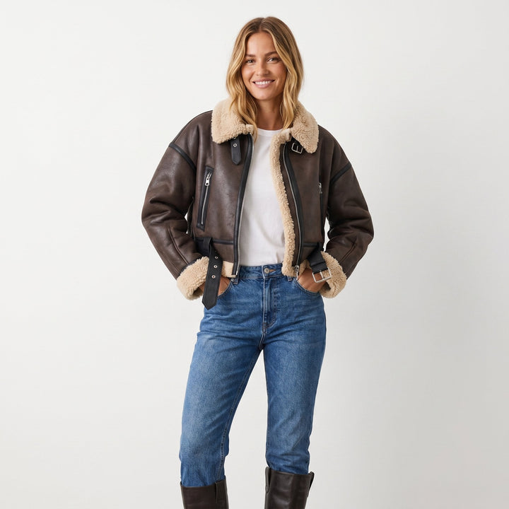 Women's Shearling Bomber Jacket, Faux Leather Aviator Cropped